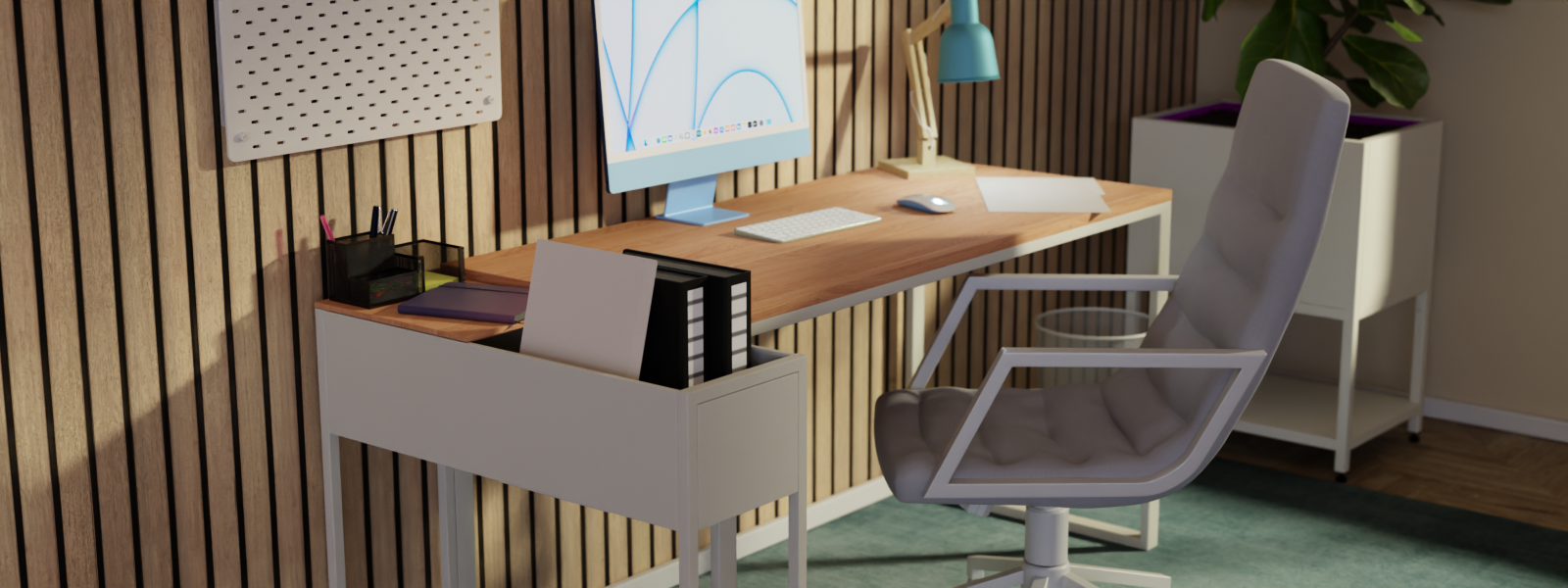 Edelstahl Plantbox "Stockholm" und Hochbeet "Madeira" in grau-weiß, mit Büromaterialien und Pflanze neben einem Arbeitsplatz