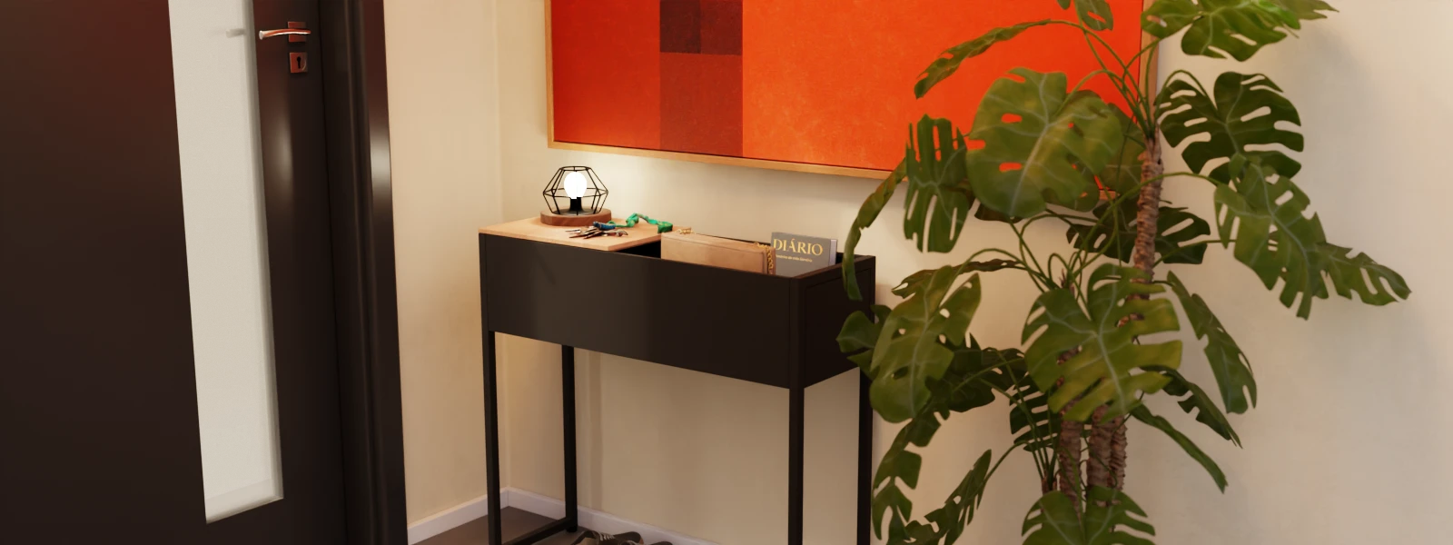 Edelstahl Plantbox "Stockholm" in schwarz in einem Entree neben der Eingangstür, mit Tischlampe, Schlüssel- und Buchablage