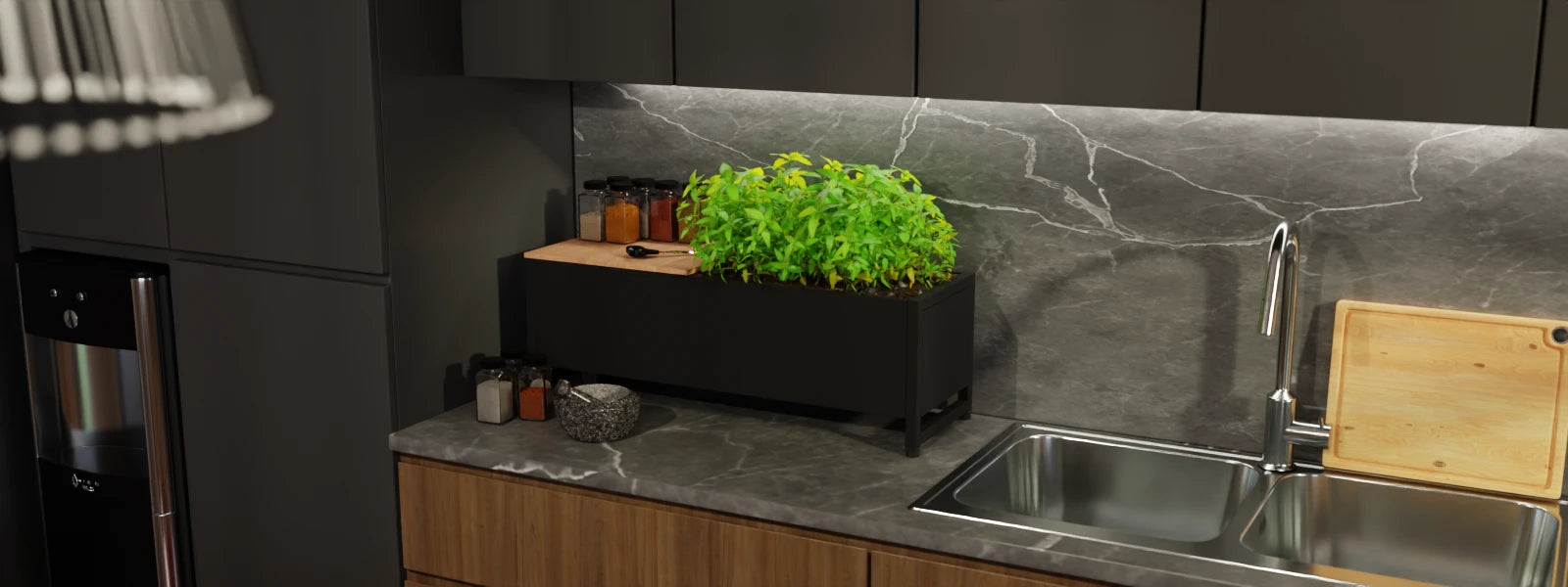 Edelstahl Plantbox "Dublin" in schwarz mit Kräutern und Gewürzen auf einer Küchenzeile