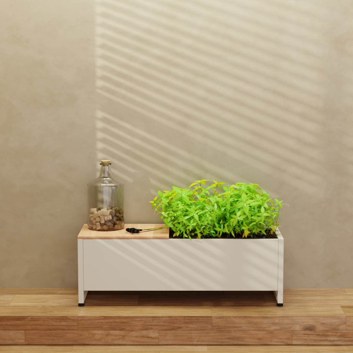 INOX Living Edelstahl Plantbox "Dublin" in grau-weiß, bestückt mit Küchenkräutern und als Ablage auf Küchenzeile