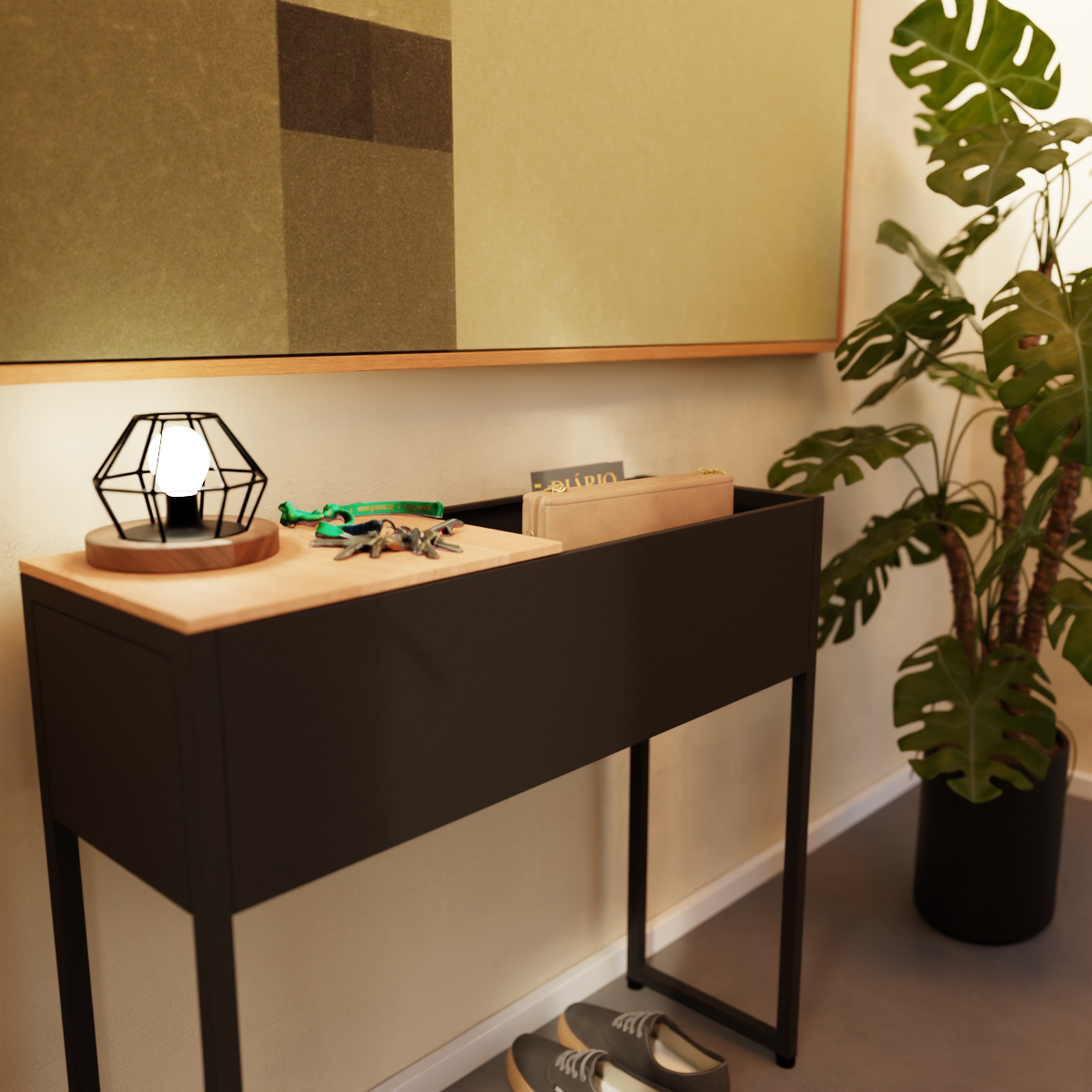 Plantbox "Stockholm" in schwarz im Entree, Tischlampe und Schlüssel auf Ablage, Buch und Handtasche