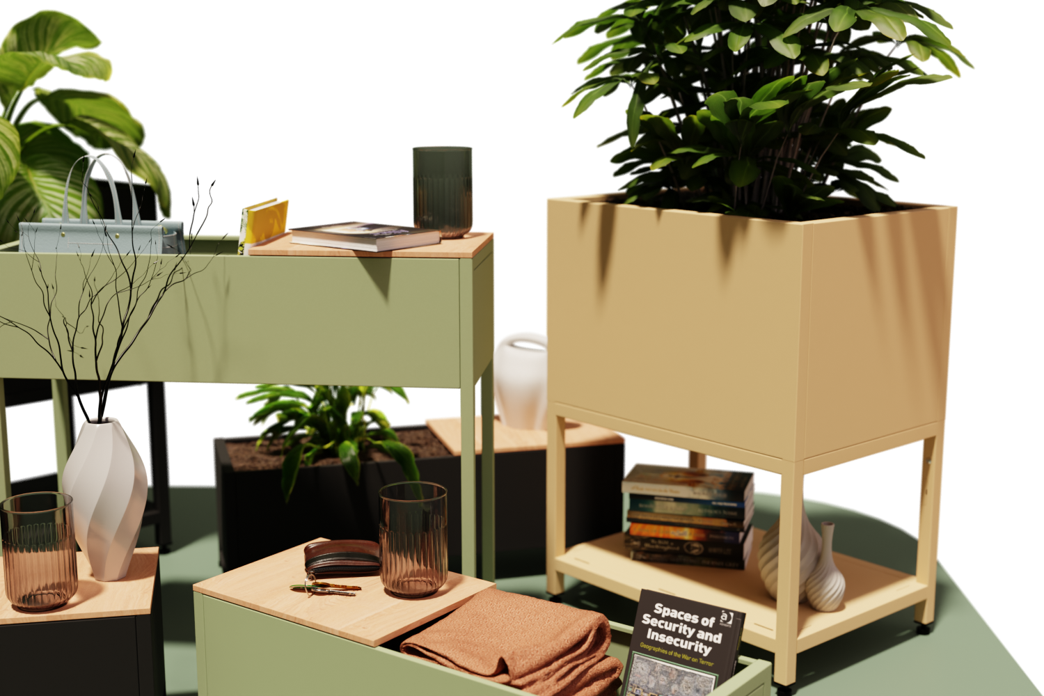 Edelstahl Plantboxen "Dublin" und "Stockholm", als Ablageflächen und Hochbeet "Madeira" bepflanzt in verschiedenen Farben