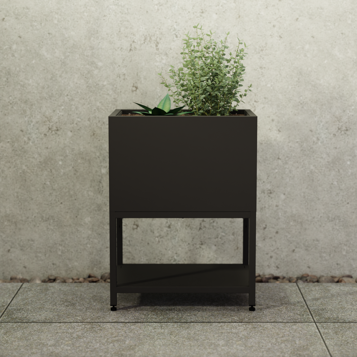 INOX Living Edelstahl Hochbeet "Madeira" in schwarz bepflanzt vor einer Betonwand