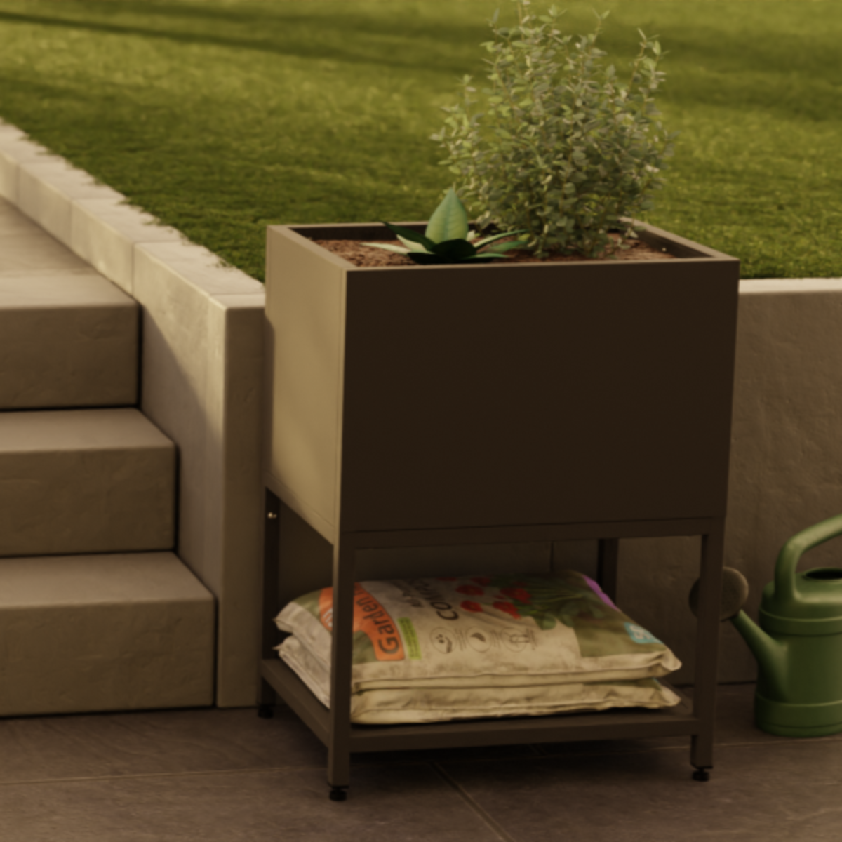 Edelstahl Hochbeet "Madeira" schwarz, bepflanzt, auf Terrasse neben Treppe im Garten