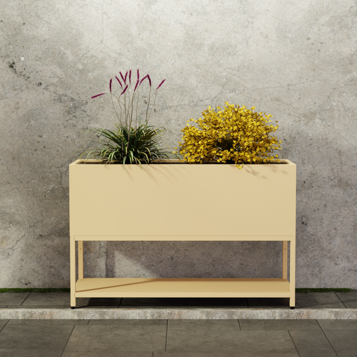 INOX Living Edelstahl Hochbeet "Riviera" in beige, bepflanzt vor einer Betonwand